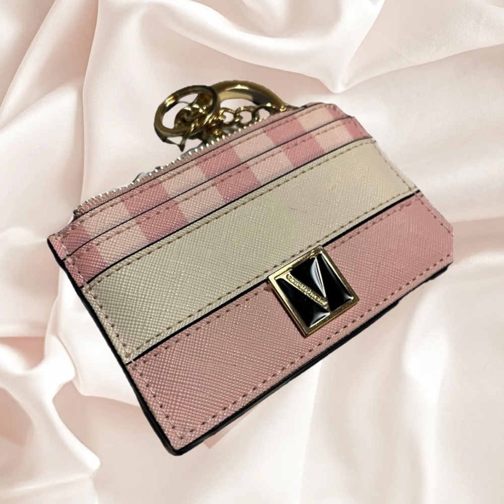 Victoria Secret V Logo Pink Striped Card Case w/Keyring